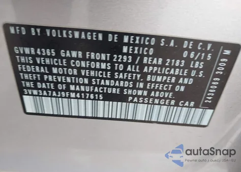 2015 Volkswagen Jetta 2.0L Tdi S из США, поврежденный, VIN 3VW3A7AJ9FM417615